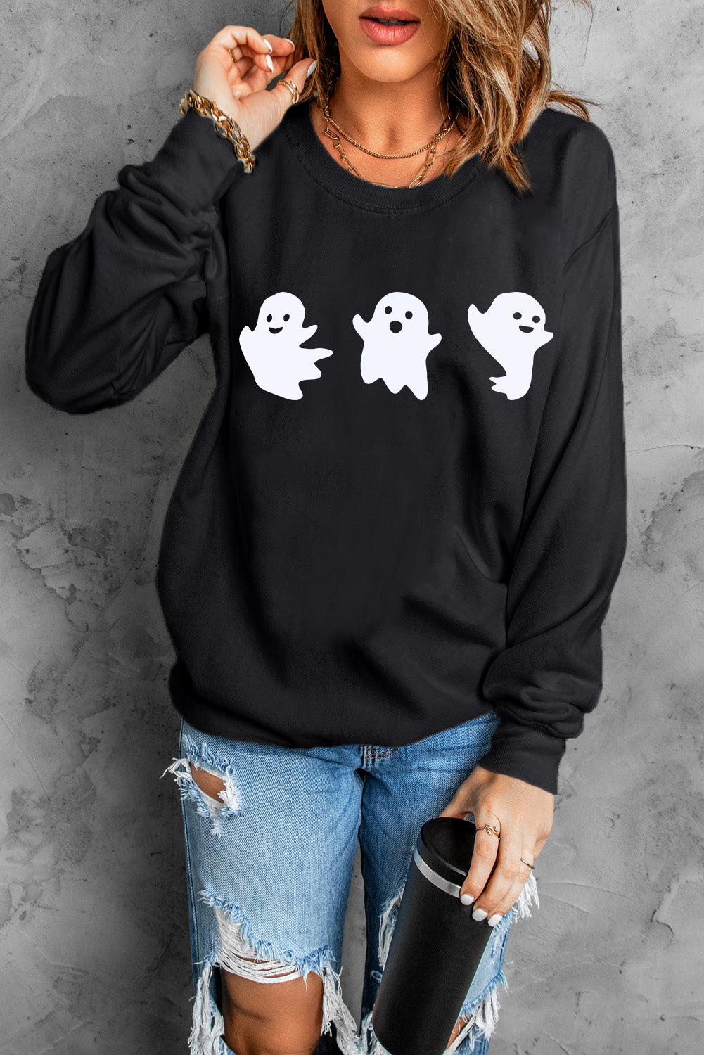 Zwarte Halloween Ghosts Print Ronde Hals Sweatshirt