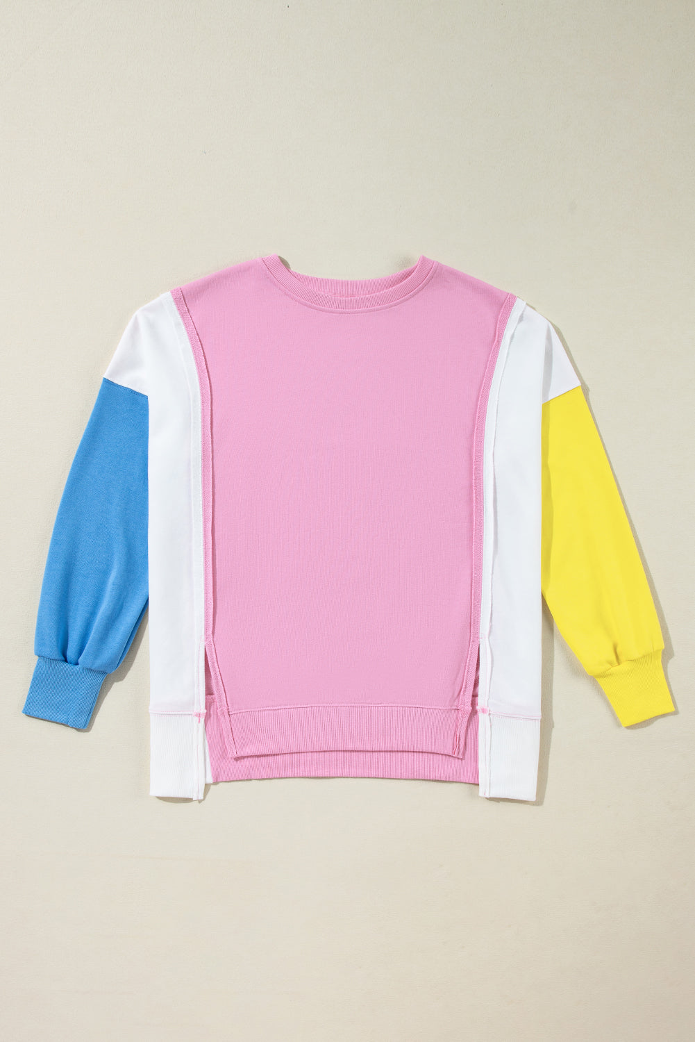 Bonbon Color Block Exposed Seam Side Slits Crewneck Sweatshirt