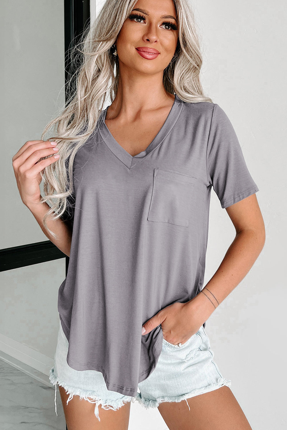 Medium Grey V Neck Pocketed Rounded Hem Tee