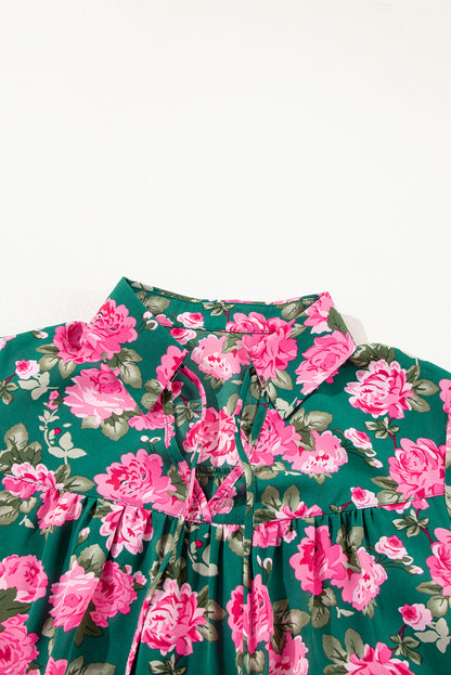 Green Floral Printed Tied Collar Puff Sleeve Blouse