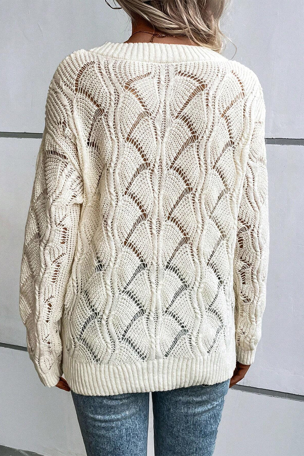 Beige Hollow Out Knit V Neck Drop Schouder trui