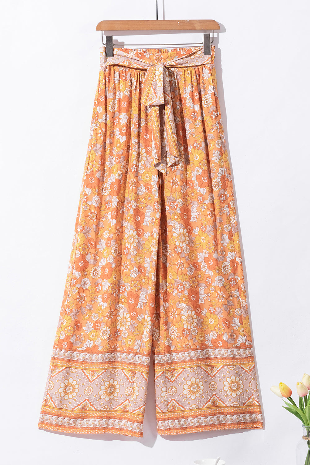 Grapefruit oranje stropdas taille Boho bloemen wijde pijpen broek