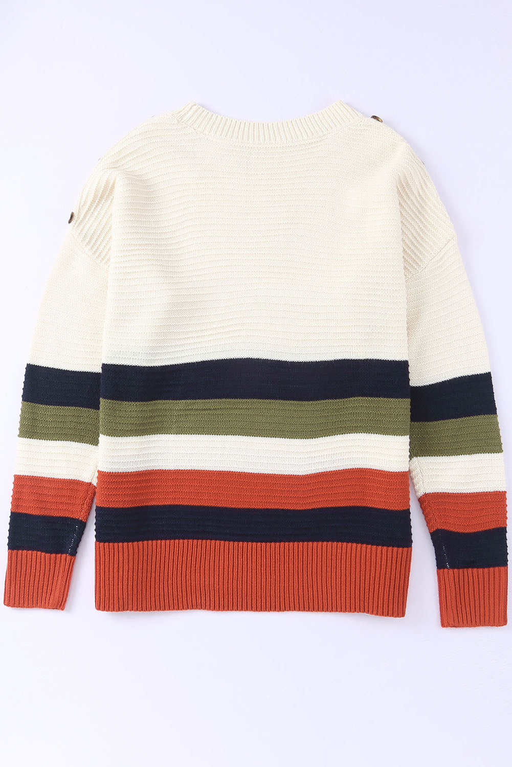 White Buttoned Shoulder Drop Shoulder Striped Sweater