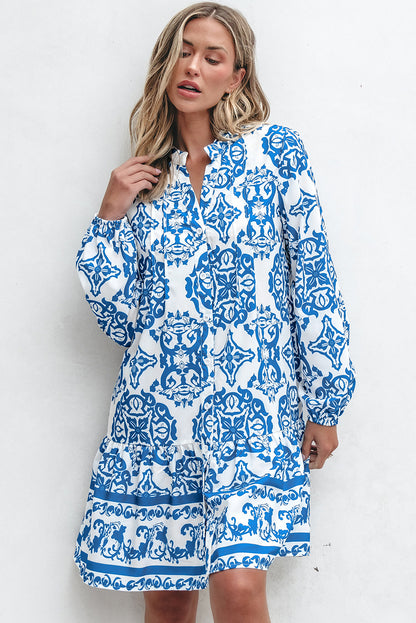 Hemelsblauwe tribal print knoop- en inkepinghals losse mini-jurk