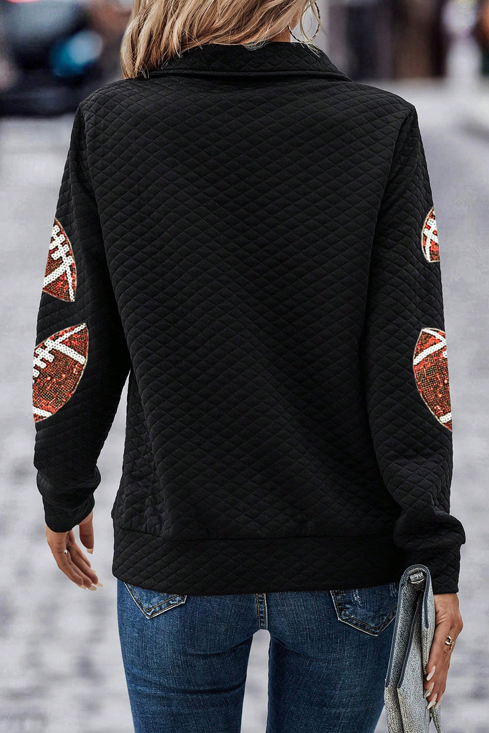 Zwarte Sequin Rugby Football Patched Quarter Zip Textured Sweatshirt