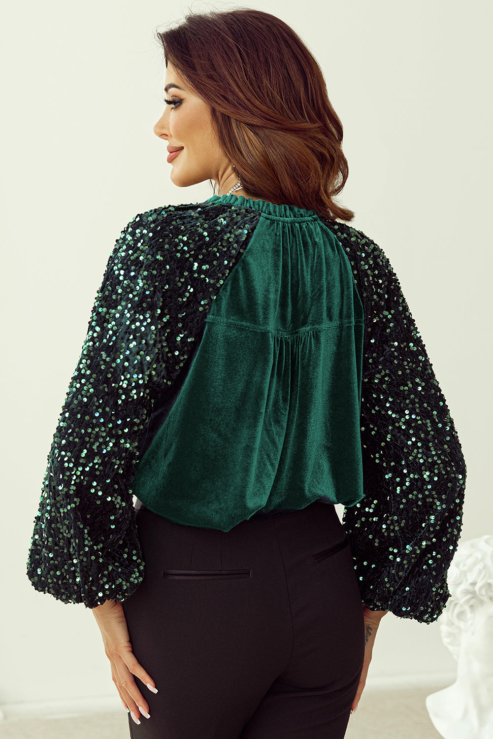 Evergreen Sequin Patchwork Mouw Knoopsluiting Fluwelen Top