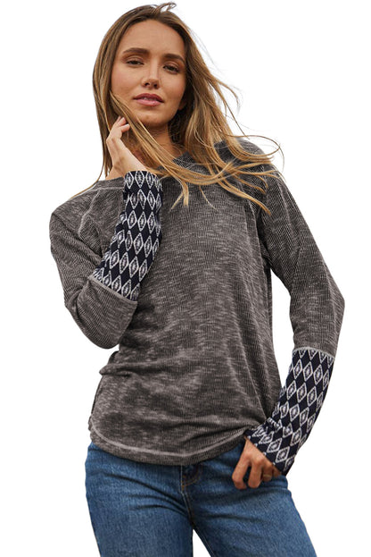 Grijze Azteekse patchwork geribbelde top met lange mouwen