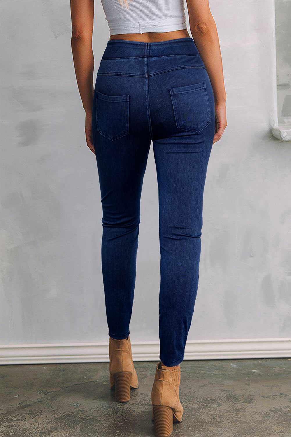 Ashleigh Blauwe Effen Kleur Hoge Taille Rekbare Slim Fit Jeggings