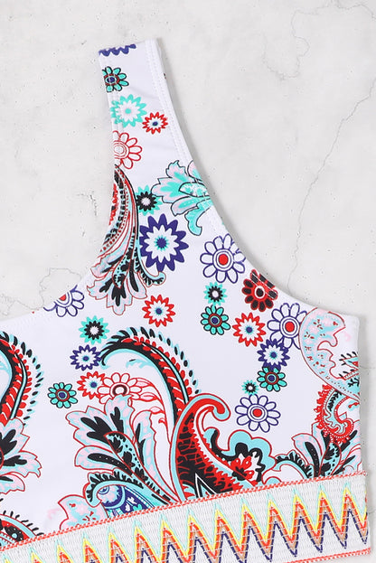 Witte Boho Paisley contrast getrimde bikini met één schouder