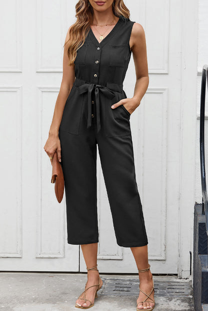 Zwarte mouwloze cropped jumpsuit met knopen en sjerp