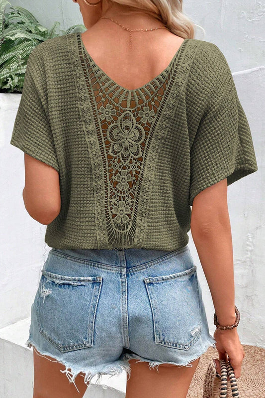 Moss Green Guipure Lace Patch Textured T-shirt