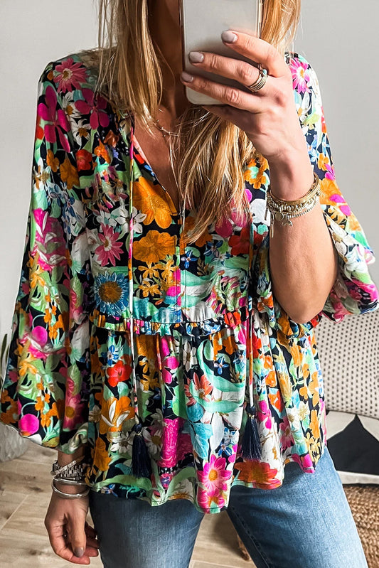 Multicolour bloemenprint Bubble Sleeve V Neck Ruffled Blouse