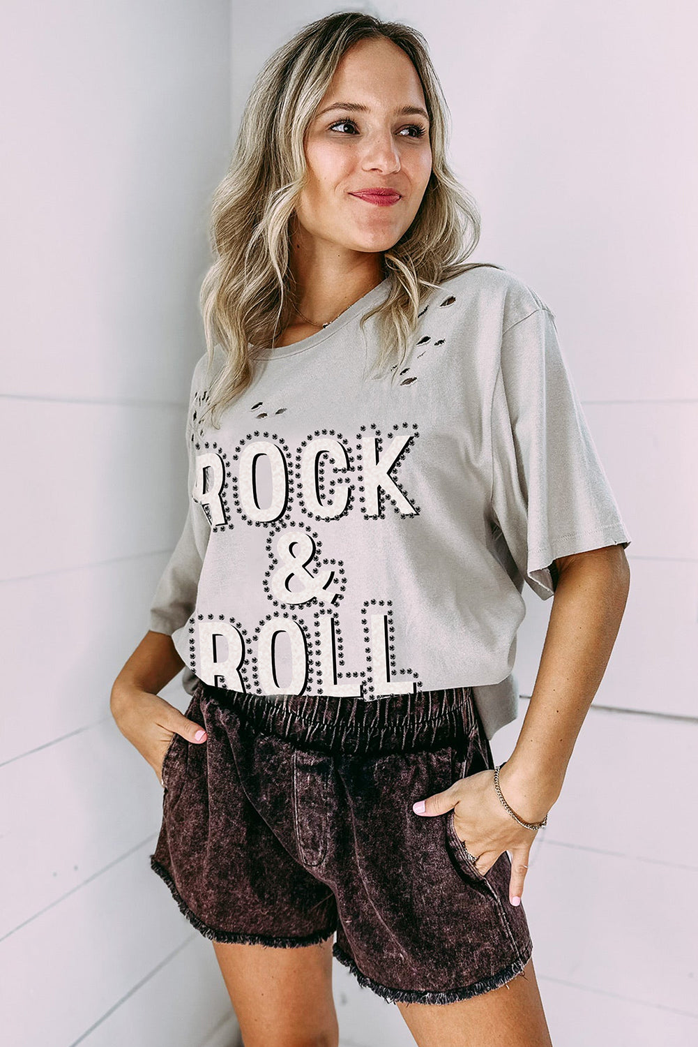 Grijs Rock &amp; Roll grafisch noodlijdend vintage T-shirt