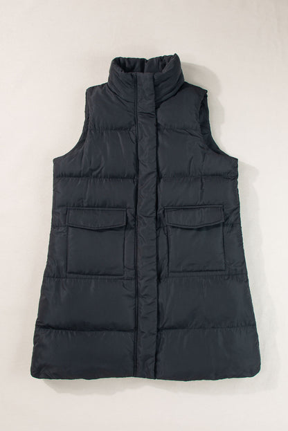 Zwarte winddichte longline Volledige zipper -puffervest met zakken