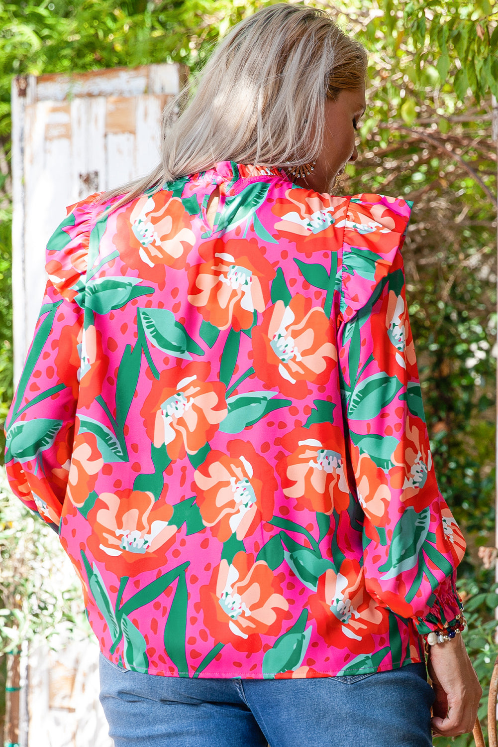 Roze bloemenprint geplooide ruches O-hals plus maat blouse