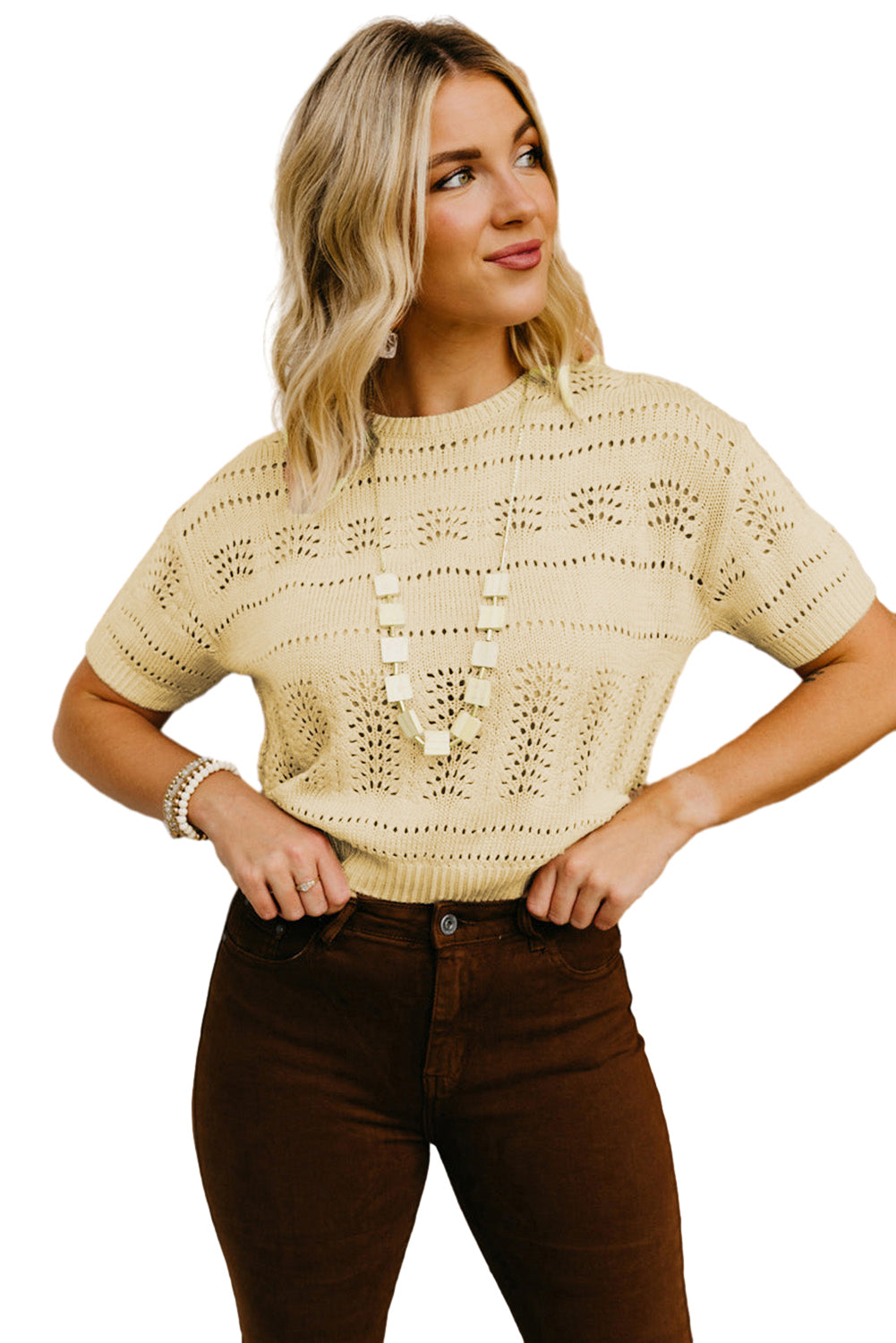 Beige gebreide cropped trui met korte mouwen