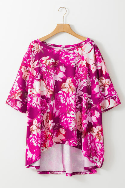 Rode grote maat blouse met bloemenprint en korte mouwen