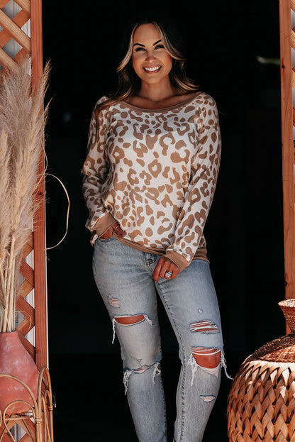 Khaki Printed Plus Size Leopard Print Boat Neck Long Sleeve Top