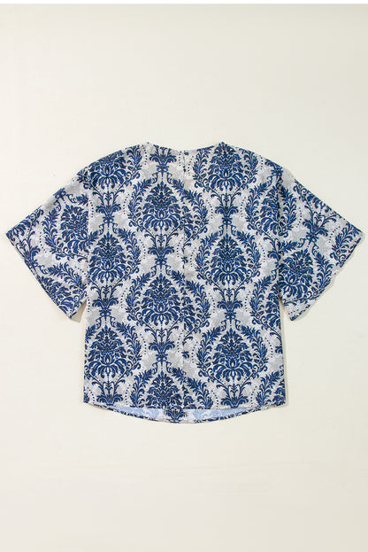 Blue Vintage Flower Three Quarter Sleeve V Neck Blouse