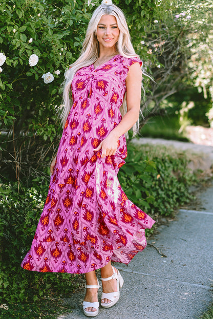 Bonbon maxi-jurk met retro print, gedraaide voorkant en ruches aan de mouwen