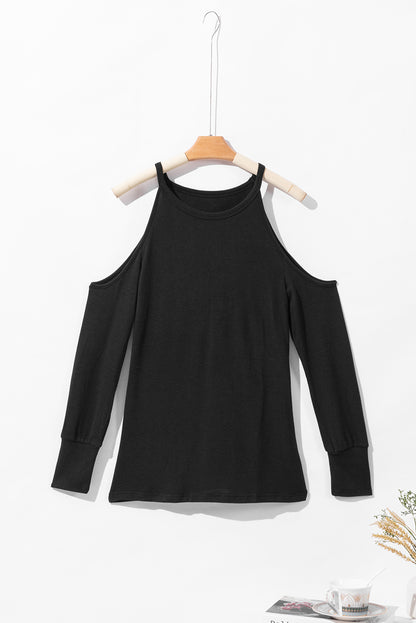 Black Marble Knit Cold Shoulder Long Sleeve Top