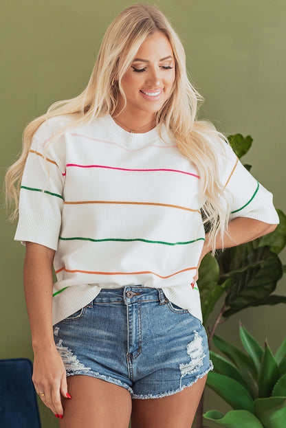 White Colorblock Striped Half Sleeve Drop Shoulder Sweater