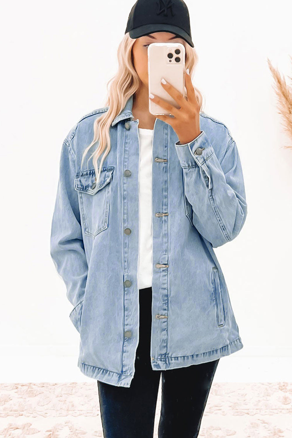 Hemelsblauwe Acid Wash Flap Pocket Boyfriend Shacket