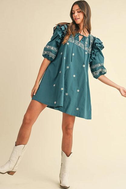 Skobeloff Boho Floral Ruffle Puff Sleeve Lace-Up V Neck Mini Dress