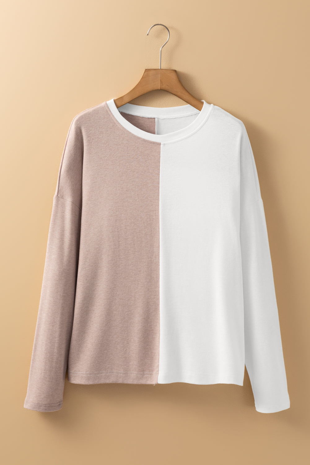 Khaki Colorblock Long Sleeve Crew Neck Top