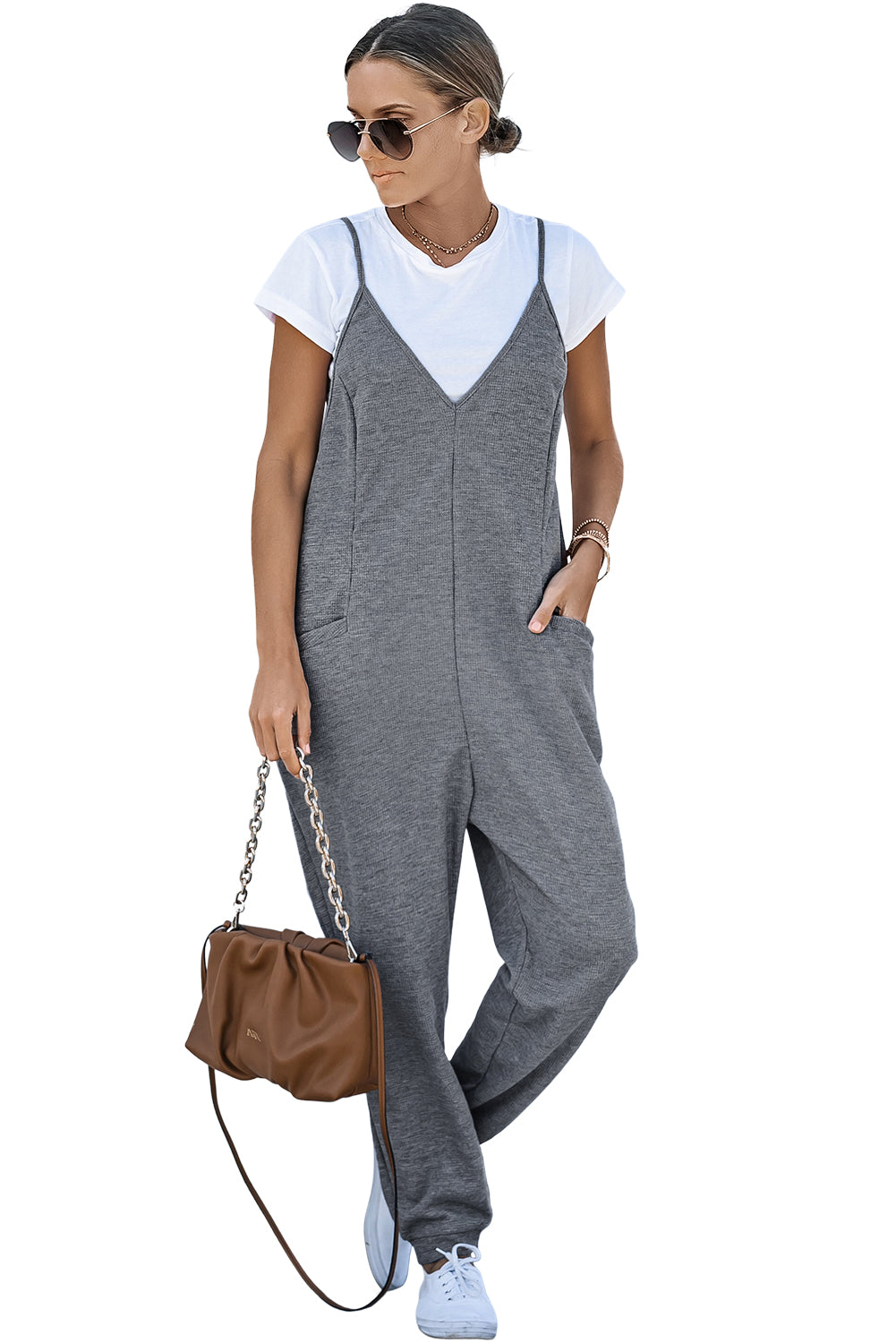 Grijze getextureerde mouwloze casual jumpsuit met V-hals en zakken