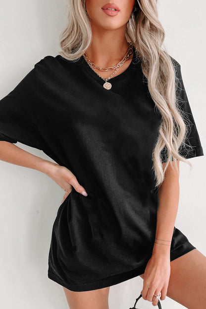 Zwart effen kleur Basic tuniek T-shirt met ronde hals