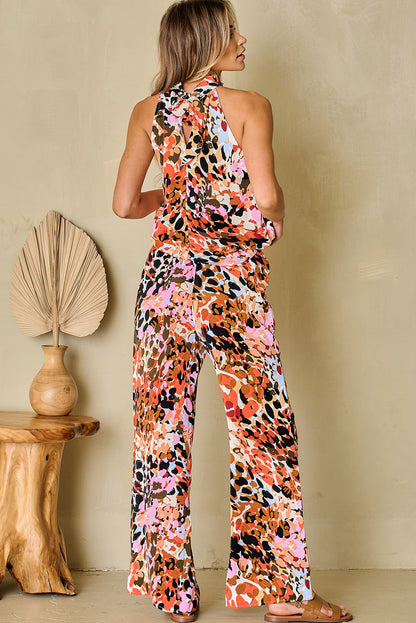 Zwart veelkleurige halter tanktop en broek met luipaardprint