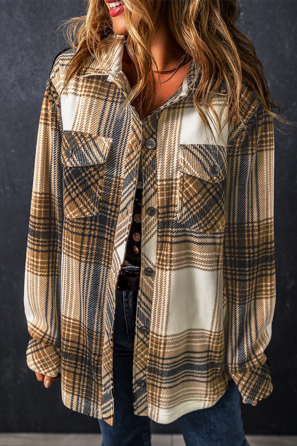 Multicolour Plaid Print Flap Pocket Button Up Shacket