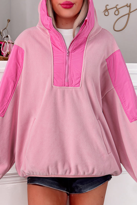 Roze kleurblokpatchwork Half Zip oversized sherpa hoodie