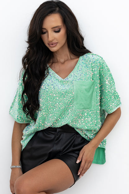 Maanlicht jade pailletten batwing mouw v nek fluwelen blouse