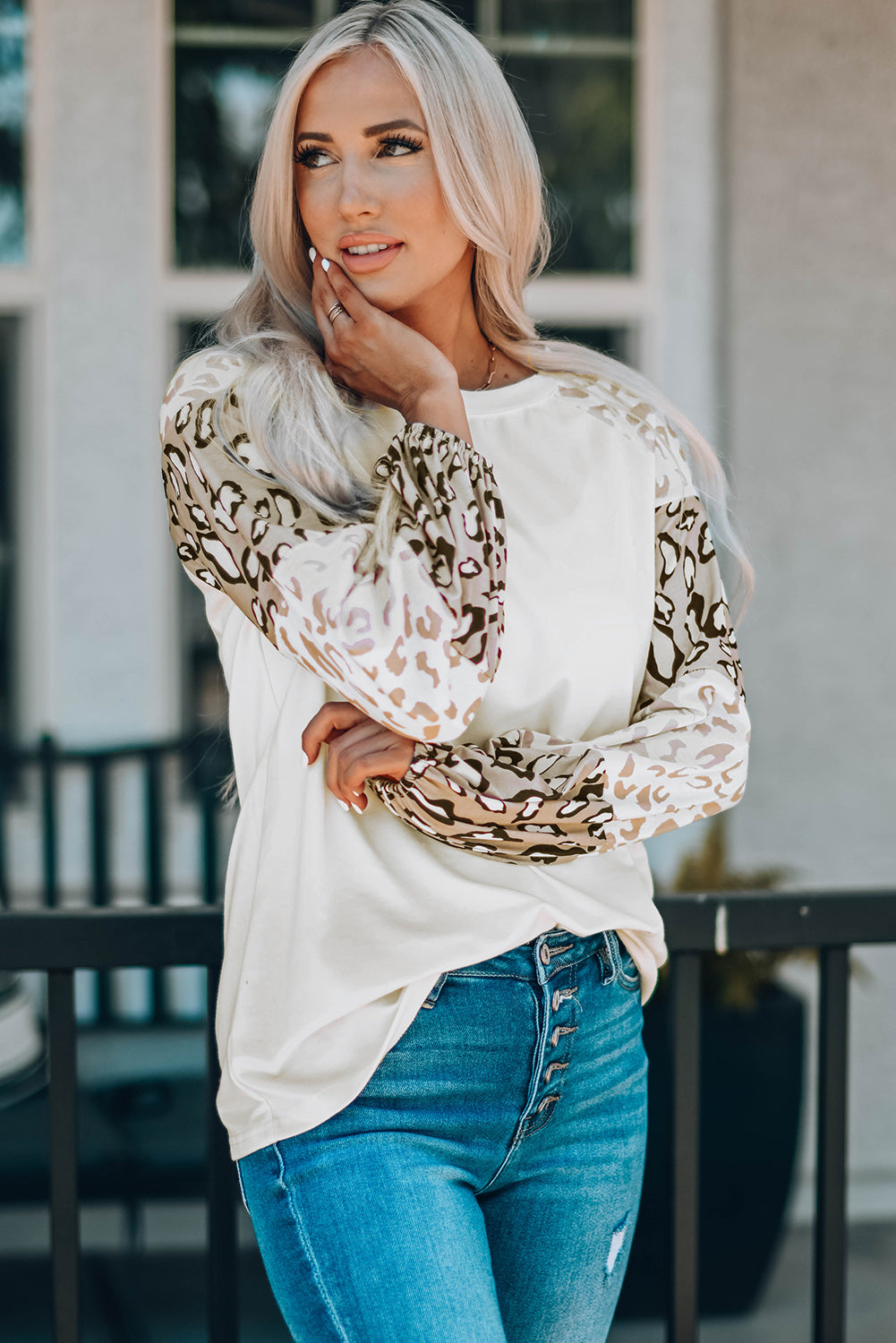 Beige Leopard Print Bubble Sleeve Top