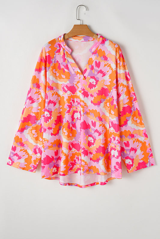 Roze Plus Size Abstract Bloemenprint V-hals Blouse