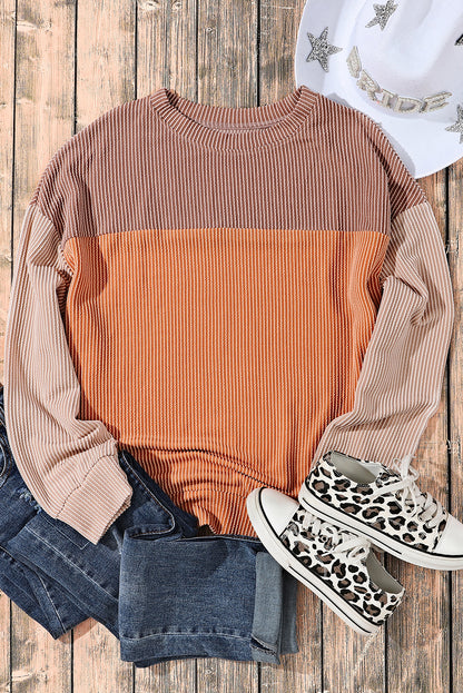 Khaki Color Block Long Sleeve Ribbed Loose Top