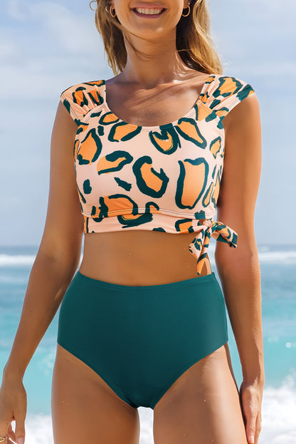 Groene luipaardprint u nek geknoopte hoge taille bikini set