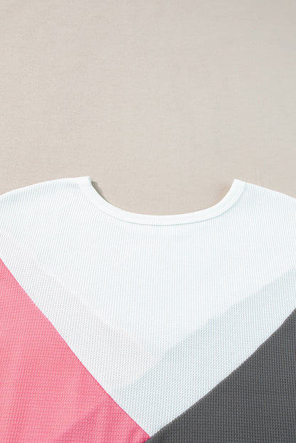 Aardbeienroze colorblock wafelgebreid T-shirt met halve mouwen