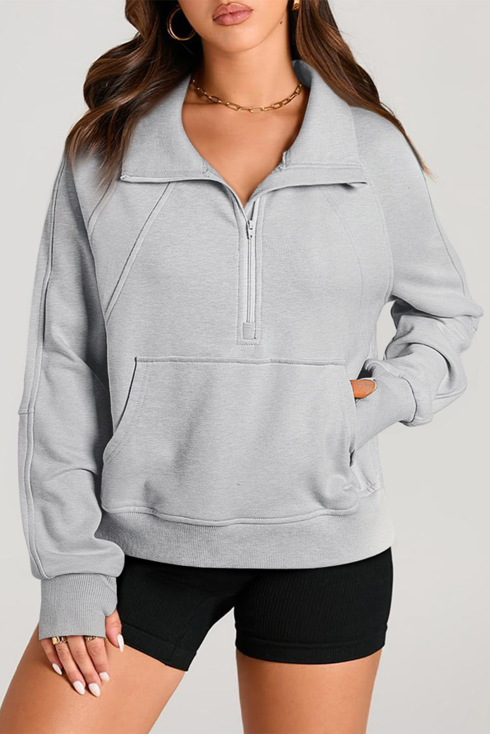 Moss Green Quarter Zip Stand Neck Kangaroo Pocket Sweatshirt