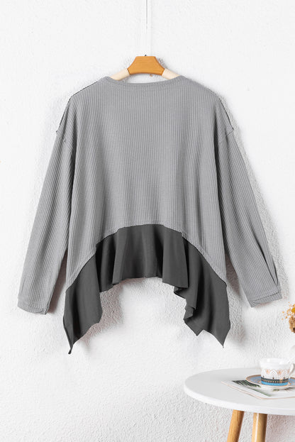 Medium Grey Waffle Long Sleeve Ruffled Patchwork Top