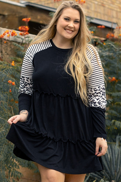 Black Plus Size Striped Leopard Patch Sleeve Ruffle Tiered Dress