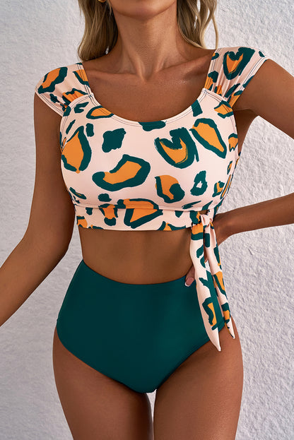 Groene luipaardprint u nek geknoopte hoge taille bikini set