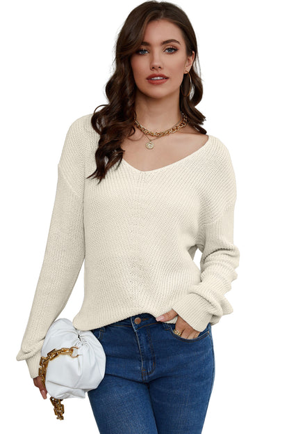 Beige Ribbed Knit V Neck Sweater