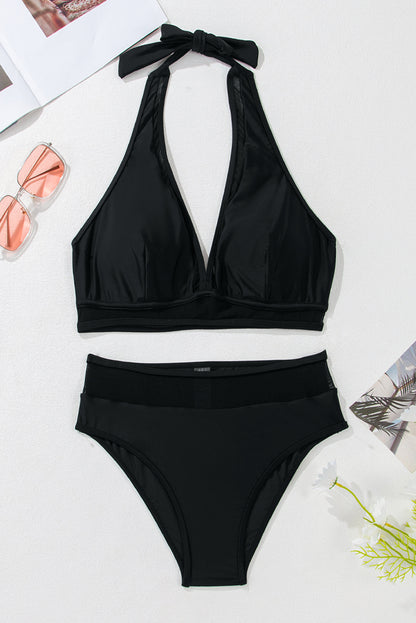 Zwart pure mesh omgeknipd halter v nek duw bikini op