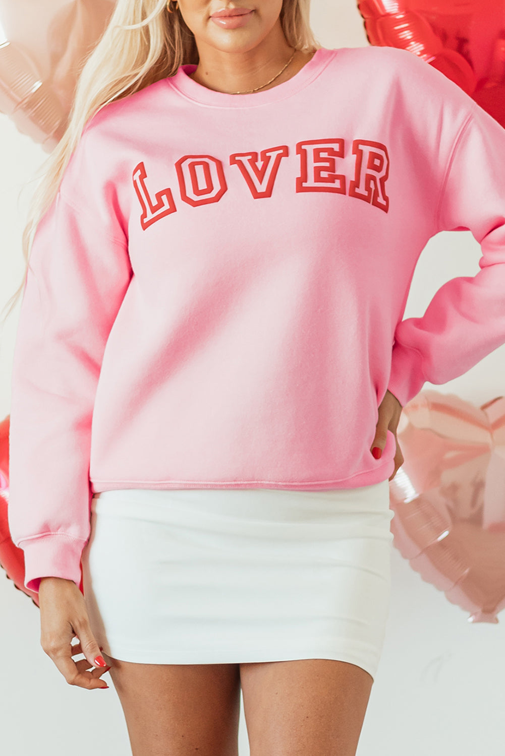 Roze LOVER Bladerdeegprint Pullover-sweatshirt met verlaagde schouder