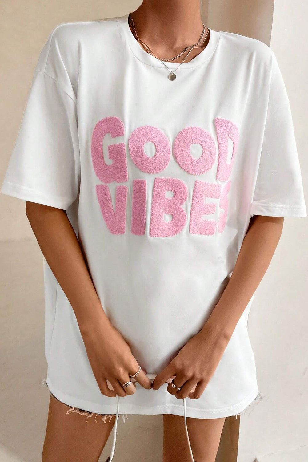 White GOOD VIBES Chenille Embroidered Crewneck T Shirt