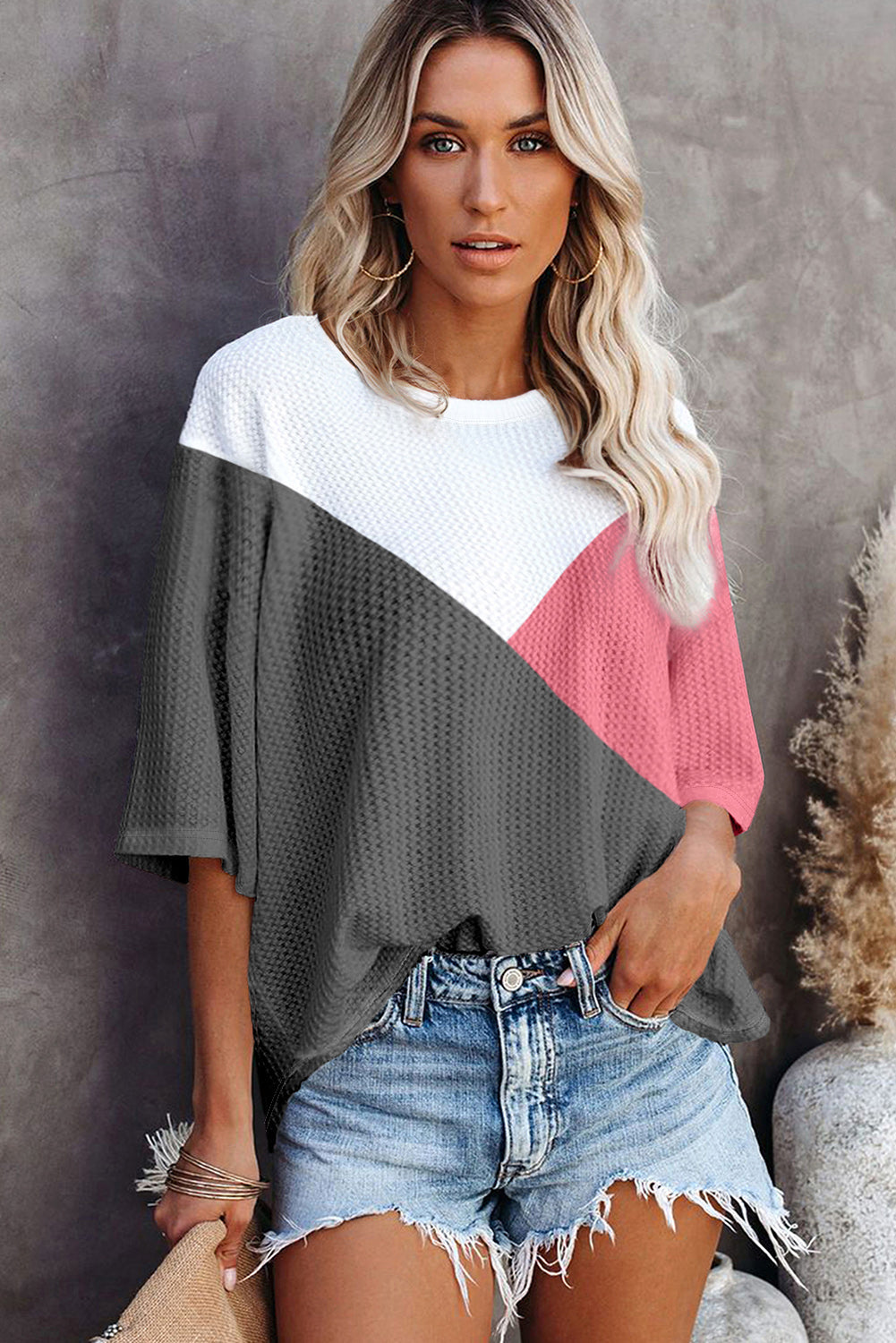 Aardbeienroze colorblock wafelgebreid T-shirt met halve mouwen