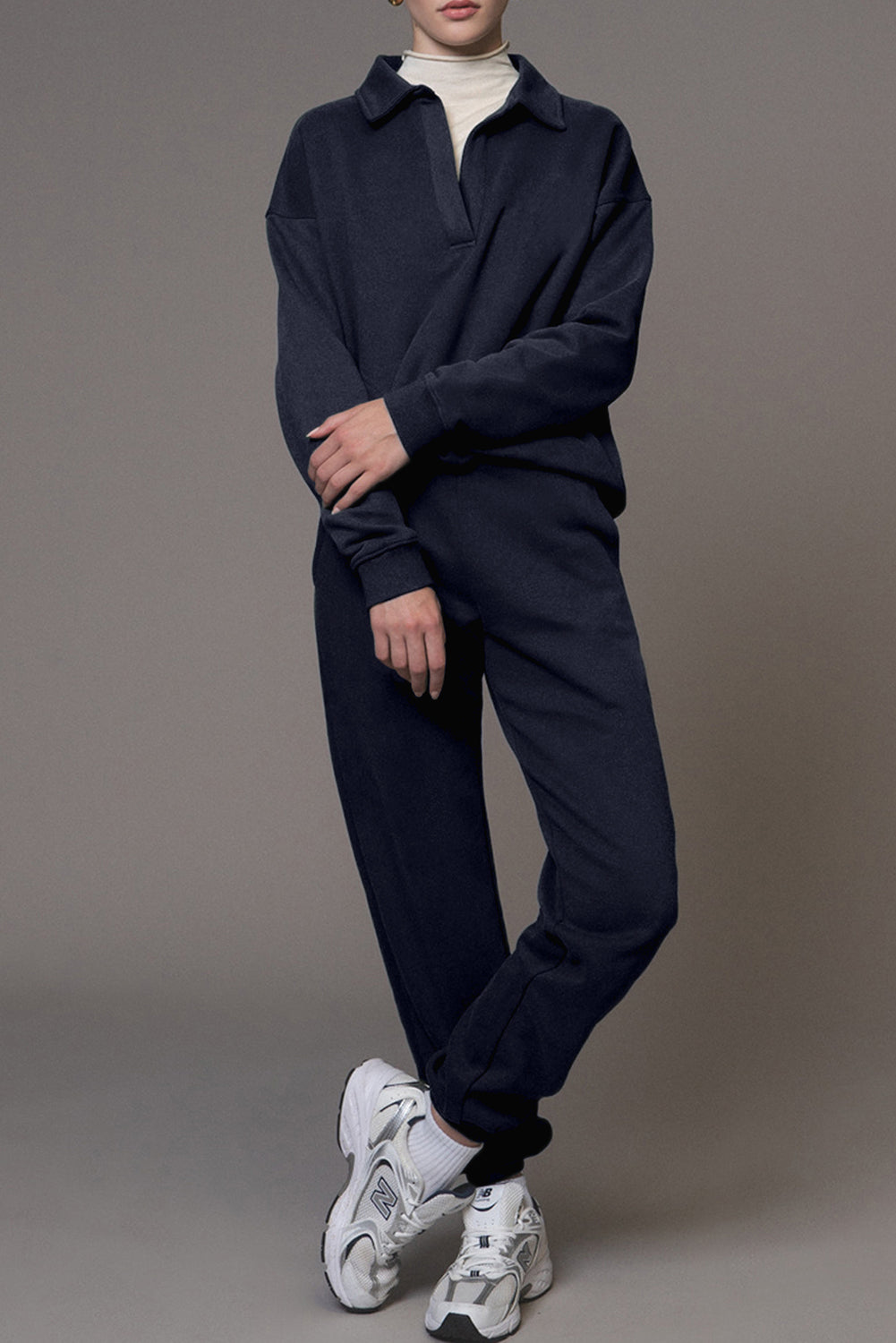 Navy Blue Fold Down Collar Pullover and Joggers TrackSuit